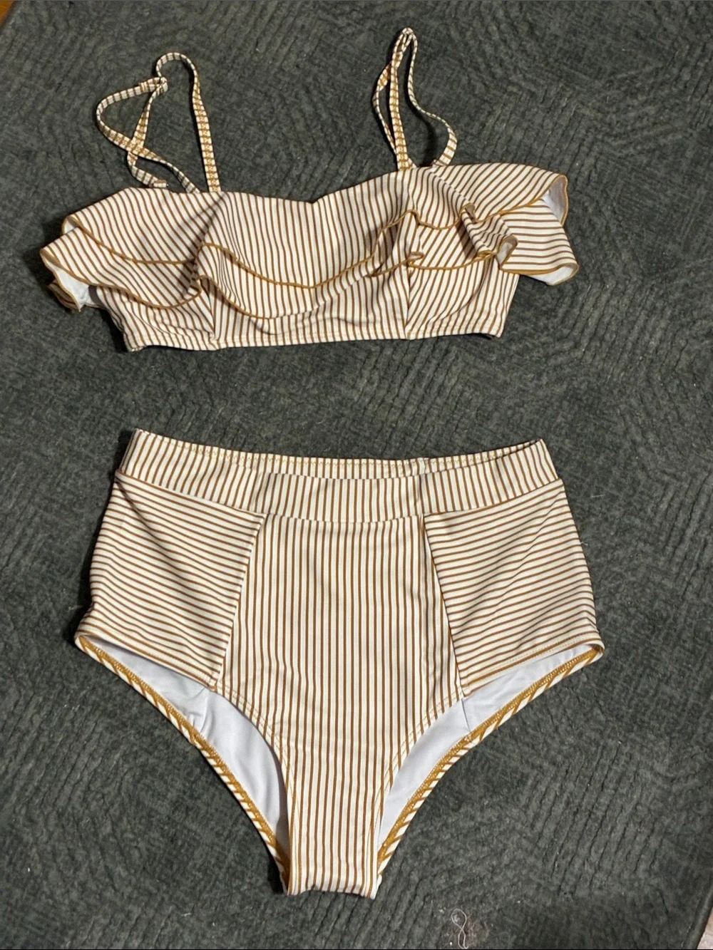 Striped High-Waist Ruffle Bikini Top and Bottom - Cream & Tan